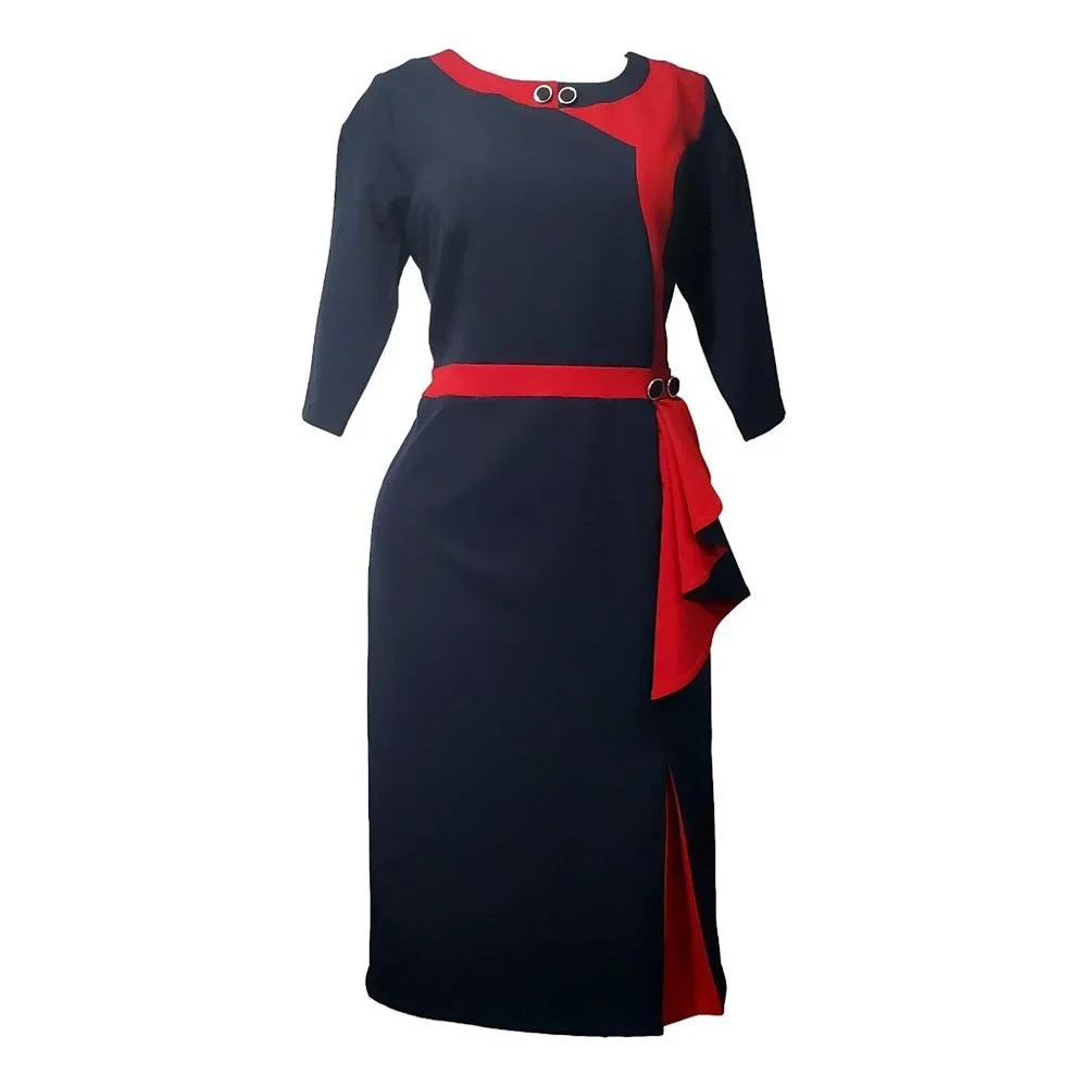 Navy Blue & Red Midi Dress